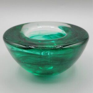 Kosta Boda Atoll Votive Candle Holder Green Swirl Sweden Christmas